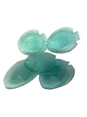 Vtg Arcoroc Poisson Turquoise Glass Fish-Shaped Plates France Set Of 5 Large 10"